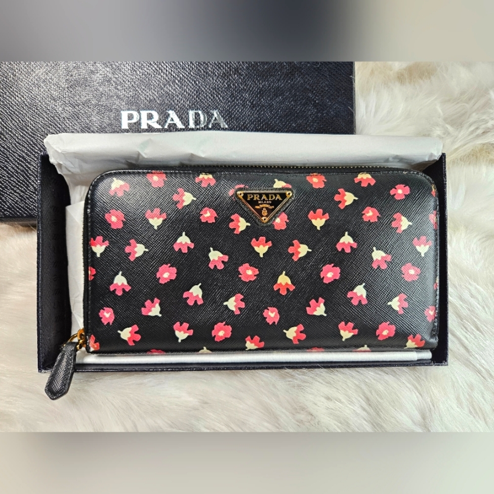 Prada Floral Leather Long Zip Wallet (Full Inclusion)